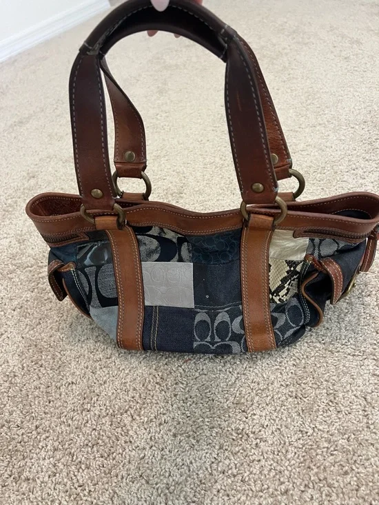 Coach Patchwork Signature Shoulder Bag in Brown and Blue - Picture 2 of 9
